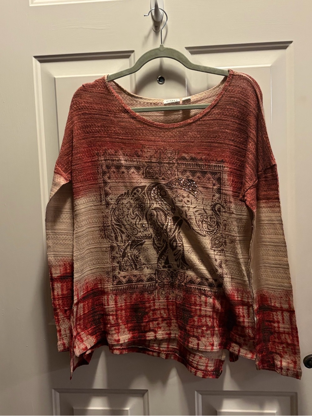 Cato Red and Cream Ombre Elephant Boho Graphic Long-Sleeve Top